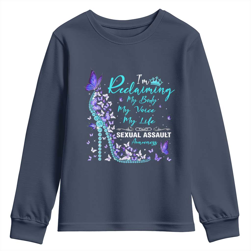 Sexual Assault Awareness Youth Sweatshirt I Am Reclaiming My Body My Voice My Life TS14 Navy Print Your Wear