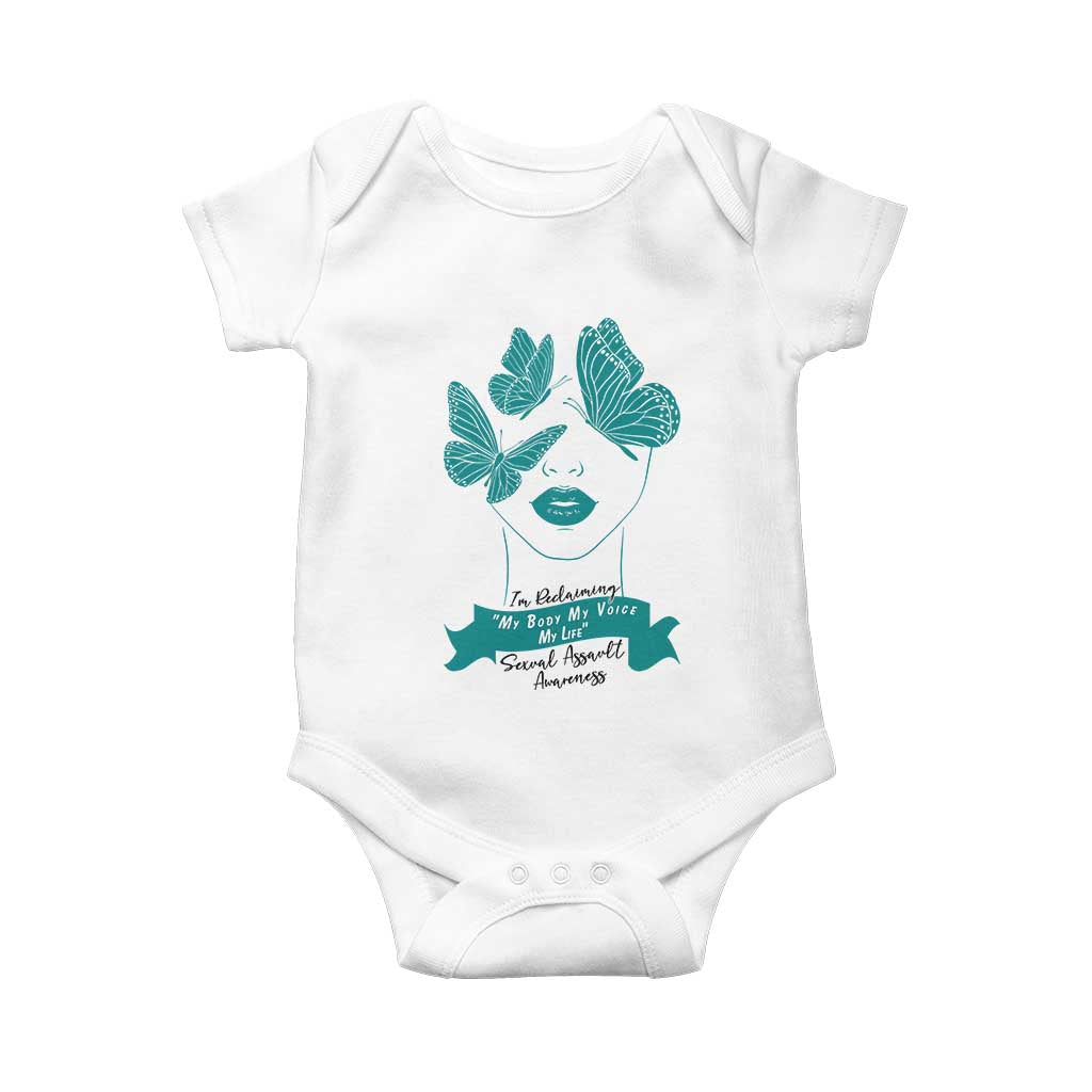 Sexual Assault Awareness Month Baby Onesie I Am Reclaiming My Body My Voice My Life TS14 White Print Your Wear