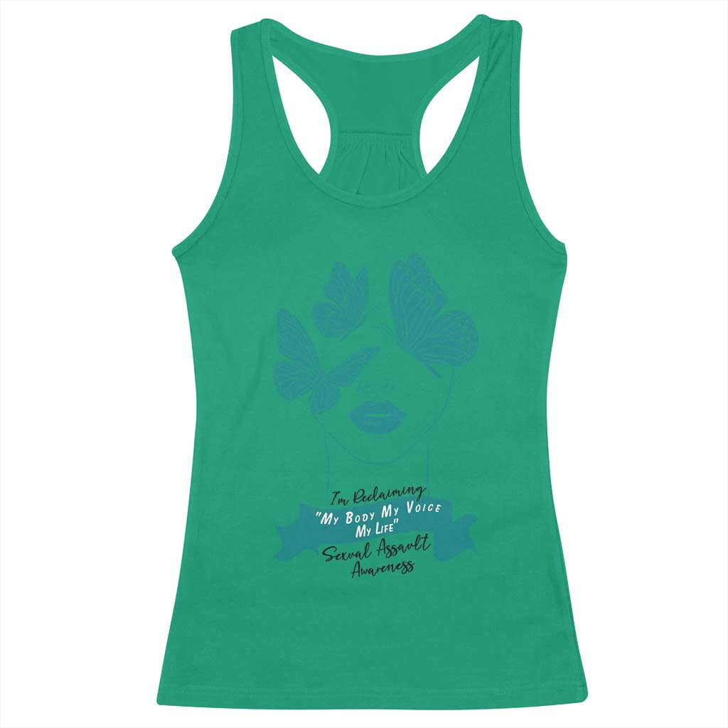Sexual Assault Awareness Month Racerback Tank Top I Am Reclaiming My Body My Voice My Life TS14 Irish Green Print Your Wear