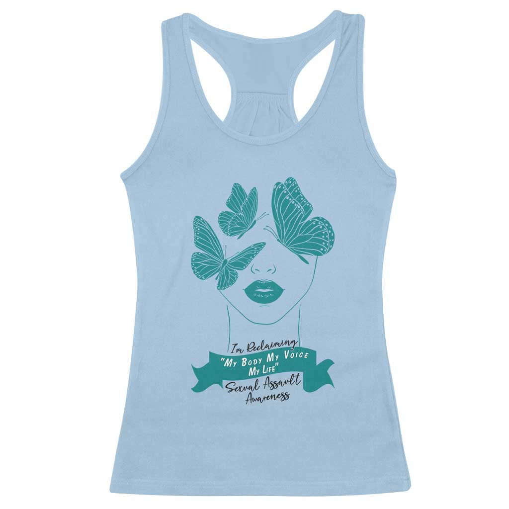 Sexual Assault Awareness Month Racerback Tank Top I Am Reclaiming My Body My Voice My Life TS14 Light Blue Print Your Wear
