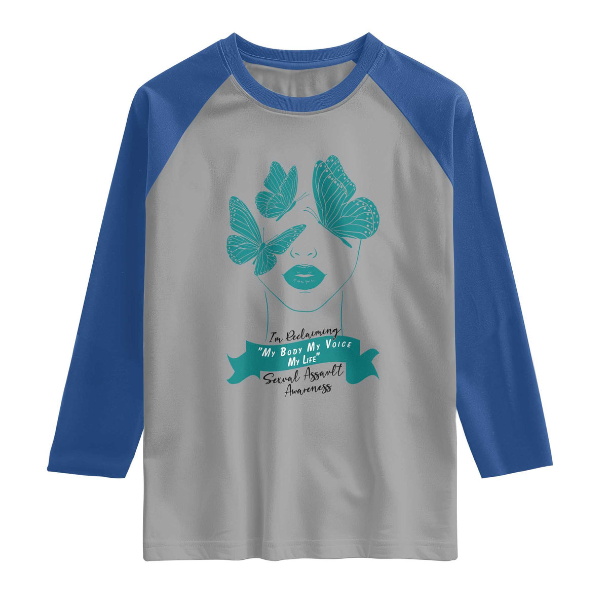 Sexual Assault Awareness Month Raglan Shirt I Am Reclaiming My Body My Voice My Life TS14 Sport Gray Royal Print Your Wear