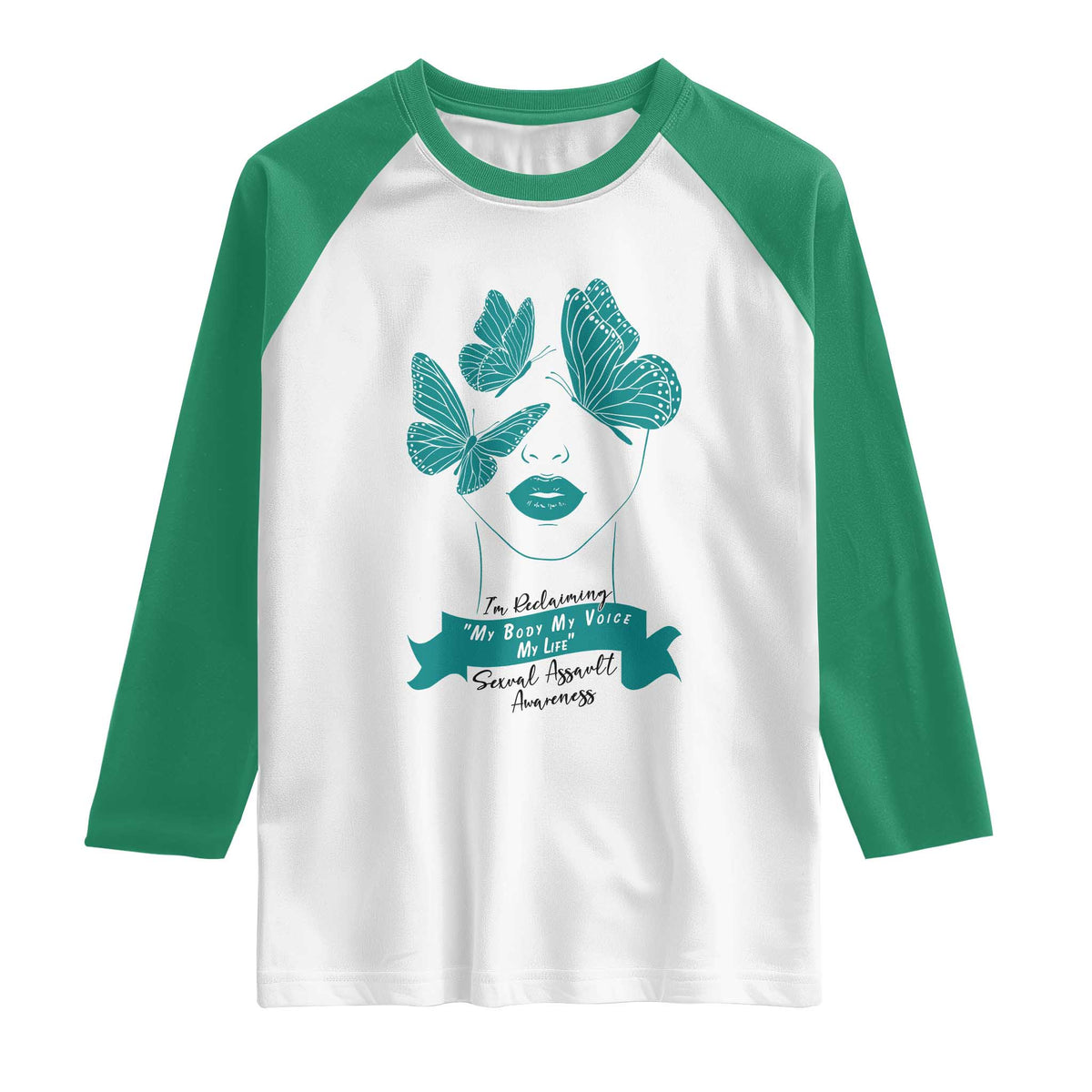 Sexual Assault Awareness Month Raglan Shirt I Am Reclaiming My Body My Voice My Life TS14 White Kelly Green Print Your Wear