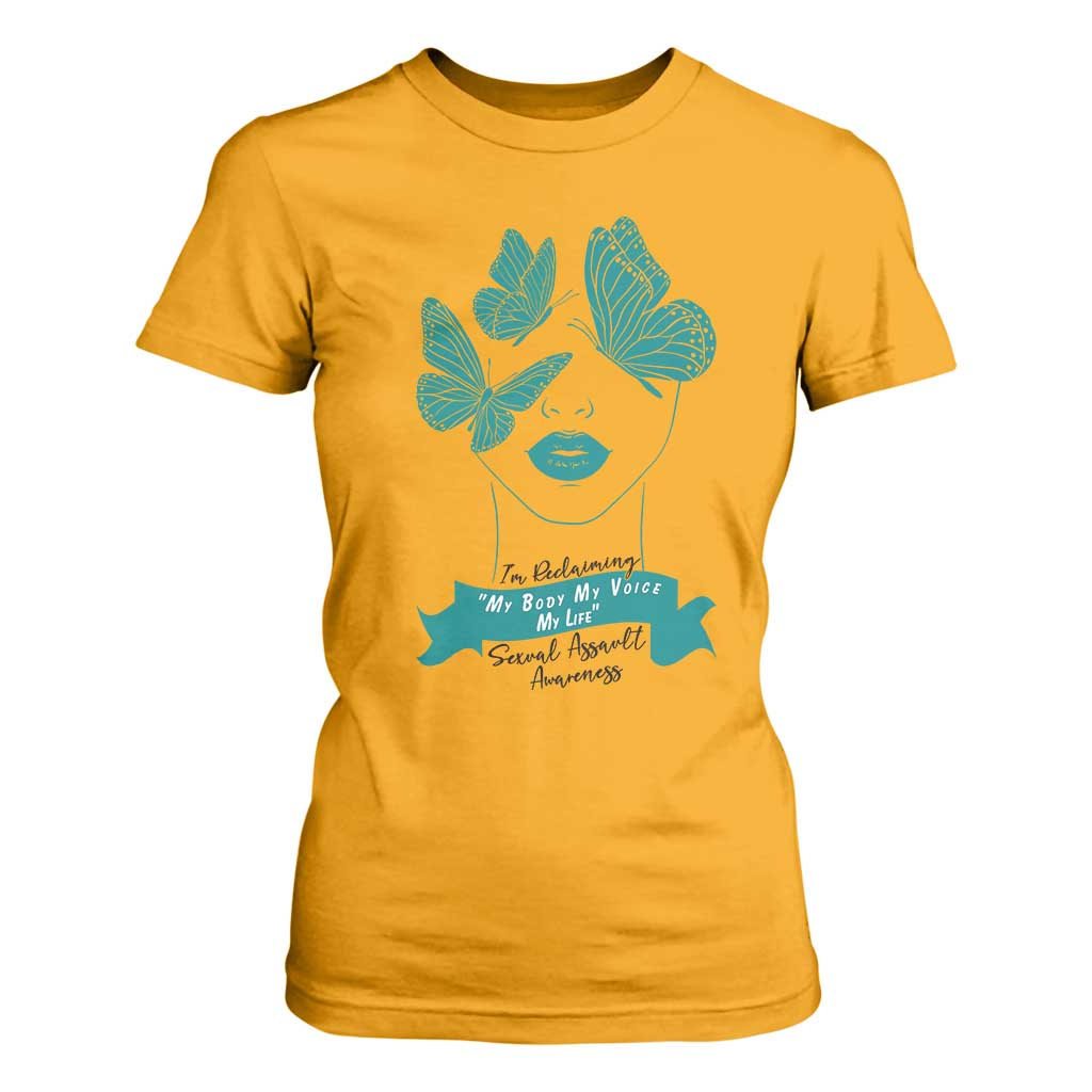 Sexual Assault Awareness Month T Shirt For Women I Am Reclaiming My Body My Voice My Life TS14 Gold Print Your Wear