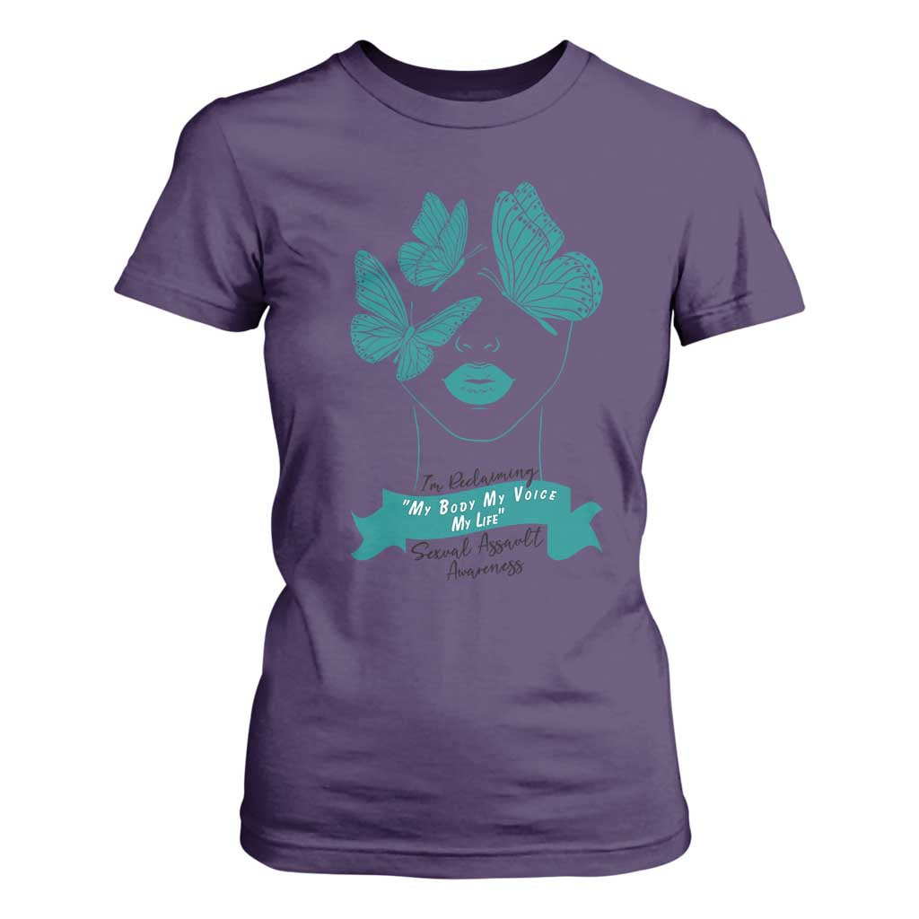 Sexual Assault Awareness Month T Shirt For Women I Am Reclaiming My Body My Voice My Life TS14 Purple Print Your Wear