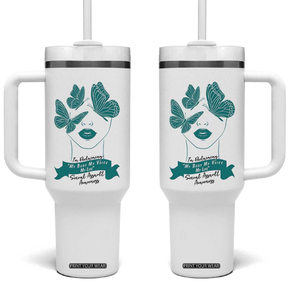 Sexual Assault Awareness Month Tumbler With Handle I Am Reclaiming My Body My Voice My Life TS14 One Size: 40 oz White Print Your Wear