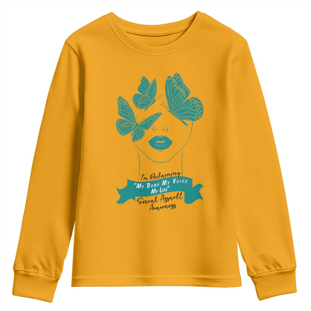 Sexual Assault Awareness Month Youth Sweatshirt I Am Reclaiming My Body My Voice My Life TS14 Gold Print Your Wear