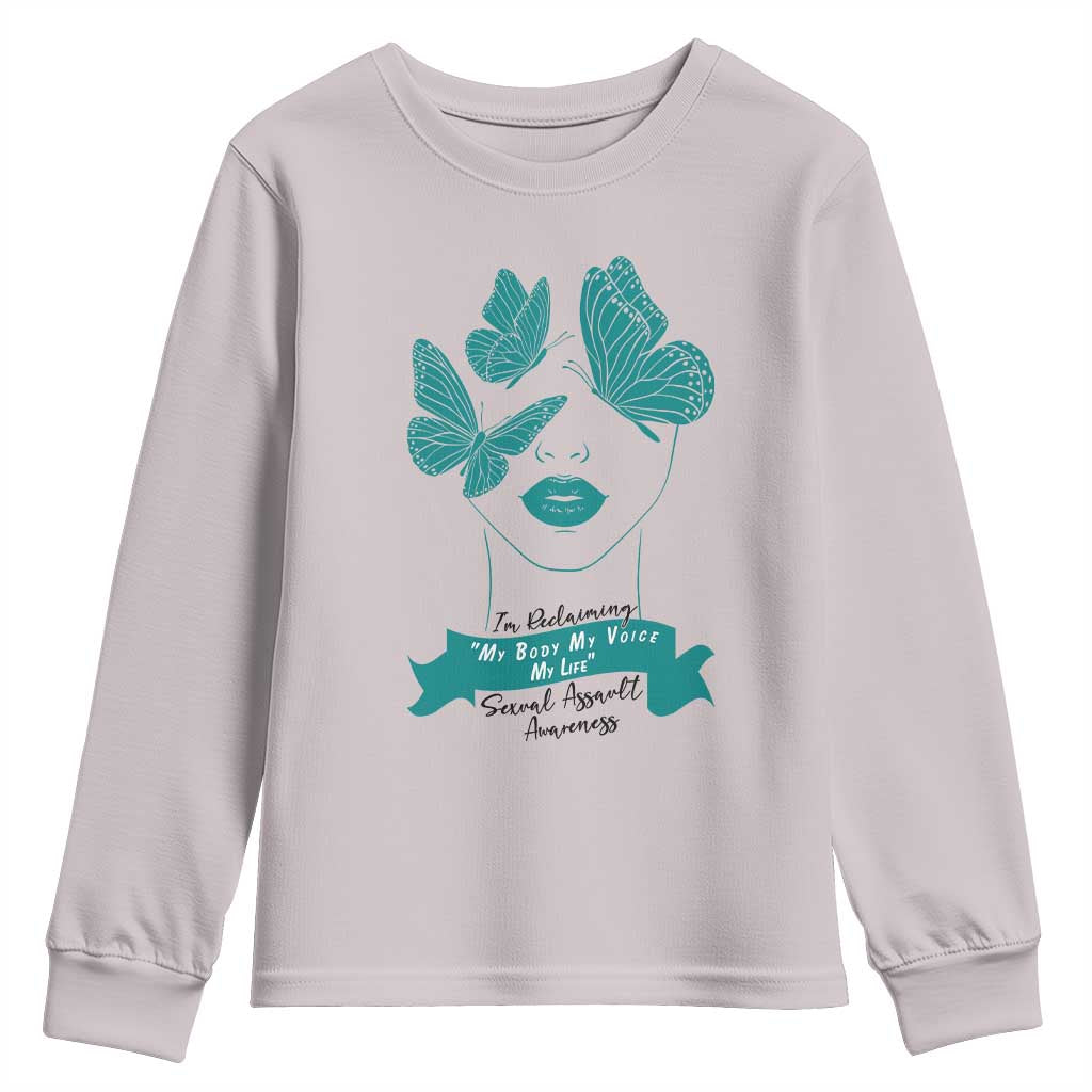 Sexual Assault Awareness Month Youth Sweatshirt I Am Reclaiming My Body My Voice My Life TS14 Ice Gray Print Your Wear