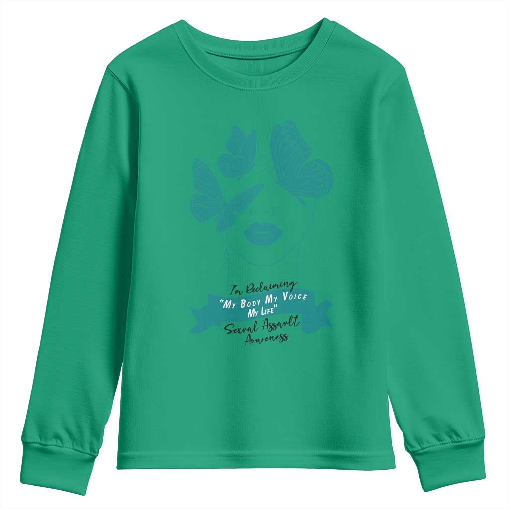 Sexual Assault Awareness Month Youth Sweatshirt I Am Reclaiming My Body My Voice My Life TS14 Irish Green Print Your Wear