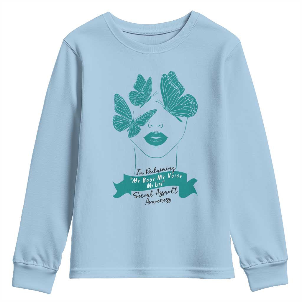 Sexual Assault Awareness Month Youth Sweatshirt I Am Reclaiming My Body My Voice My Life TS14 Light Blue Print Your Wear