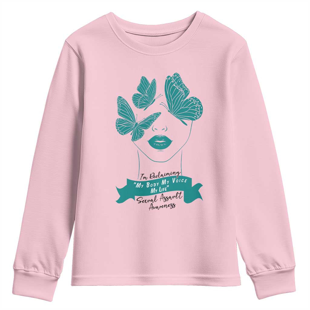 Sexual Assault Awareness Month Youth Sweatshirt I Am Reclaiming My Body My Voice My Life TS14 Light Pink Print Your Wear