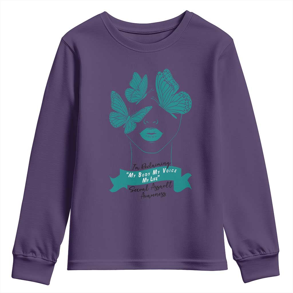 Sexual Assault Awareness Month Youth Sweatshirt I Am Reclaiming My Body My Voice My Life TS14 Purple Print Your Wear