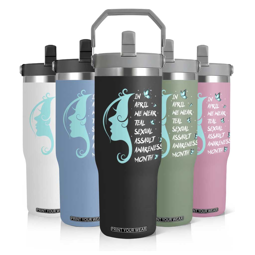 Sexual Assault Awareness Month Flip Straw Tumbler In April We Wear Teal Ribbon TS14 Print Your Wear