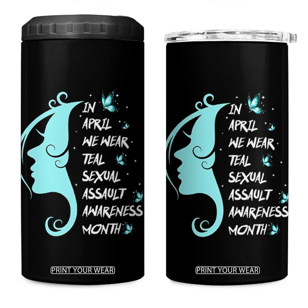 Sexual Assault Awareness Month 4 in 1 Can Cooler Tumbler In April We Wear Teal Ribbon TS14 One Size: 16 oz Black Print Your Wear
