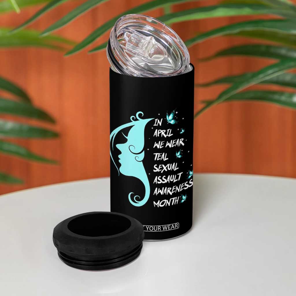 Sexual Assault Awareness Month 4 in 1 Can Cooler Tumbler In April We Wear Teal Ribbon TS14 Print Your Wear