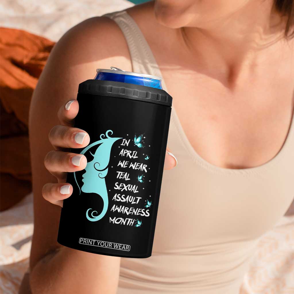 Sexual Assault Awareness Month 4 in 1 Can Cooler Tumbler In April We Wear Teal Ribbon TS14 Print Your Wear