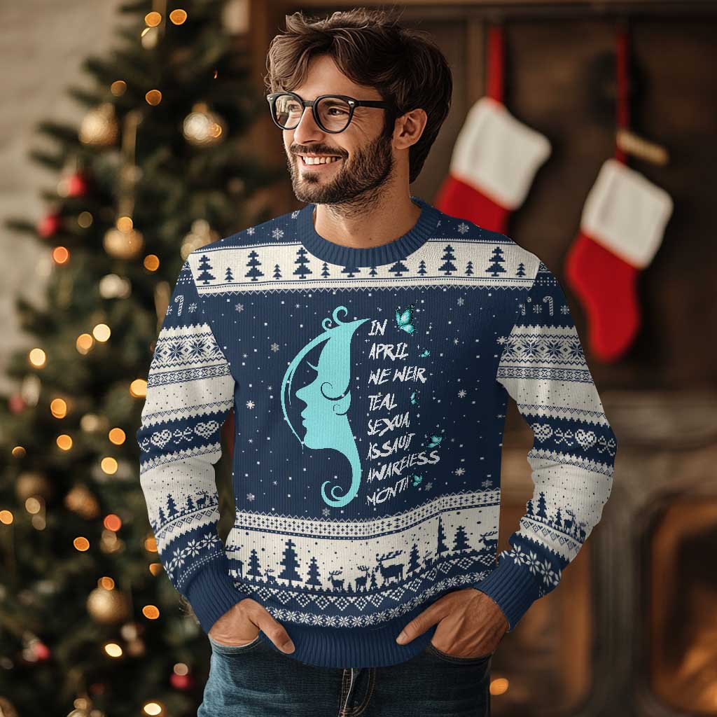 Sexual Assault Awareness Month Ugly Christmas Sweater In April We Wear Teal Ribbon TS14 Navy Beige Print Your Wear