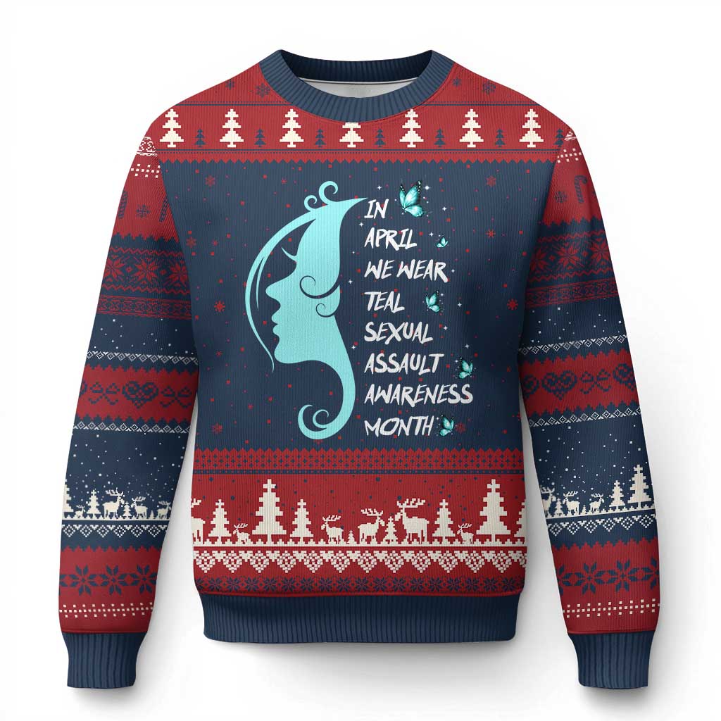 Sexual Assault Awareness Month Ugly Christmas Sweater In April We Wear Teal Ribbon TS14 Navy Red Print Your Wear