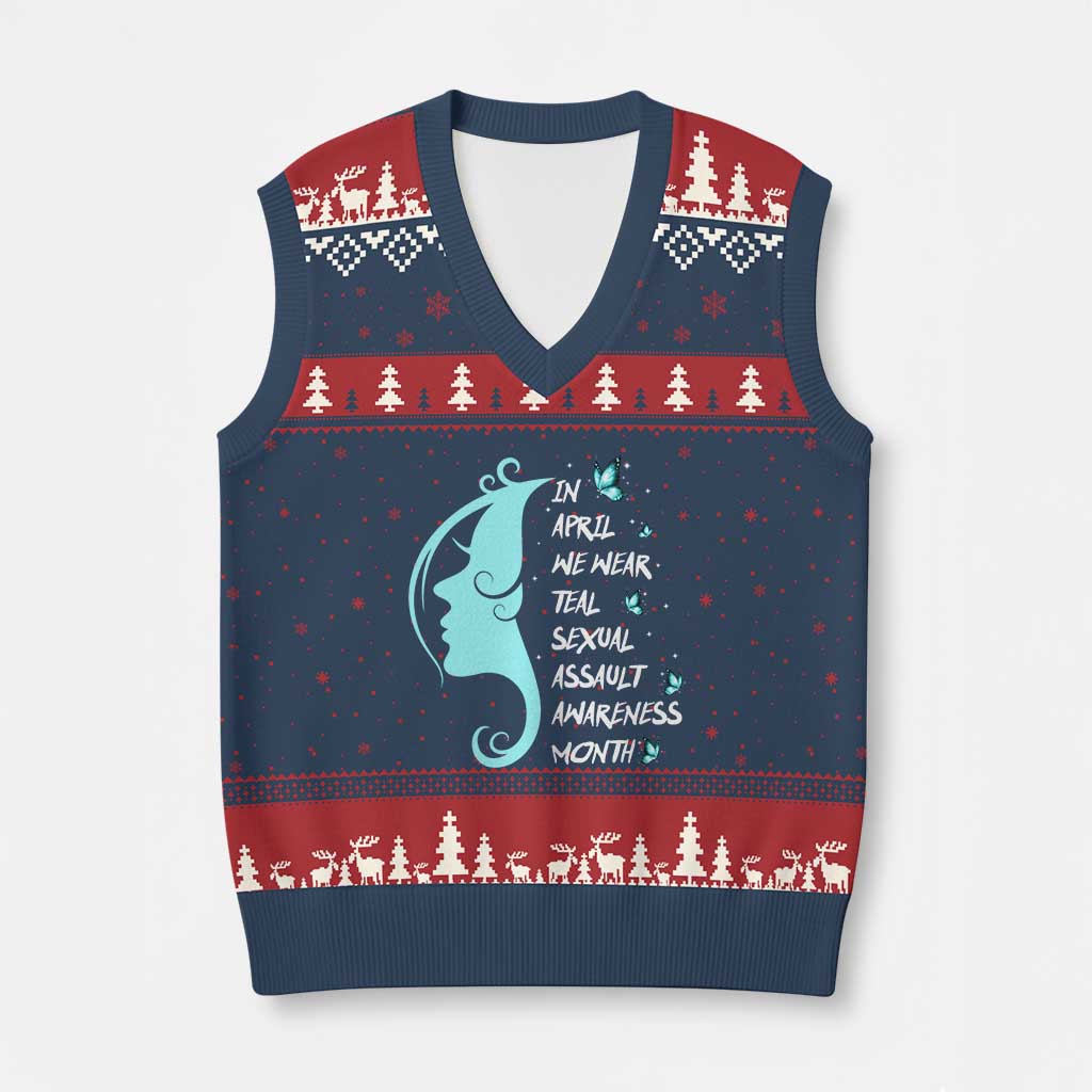 Sexual Assault Awareness Month V-Neck Knit Sweater Vest In April We Wear Teal Ribbon TS14 Navy Red Print Your Wear