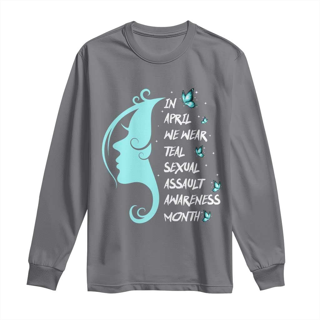 Sexual Assault Awareness Month Long Sleeve Shirt In April We Wear Teal Ribbon TS14 Charcoal Print Your Wear
