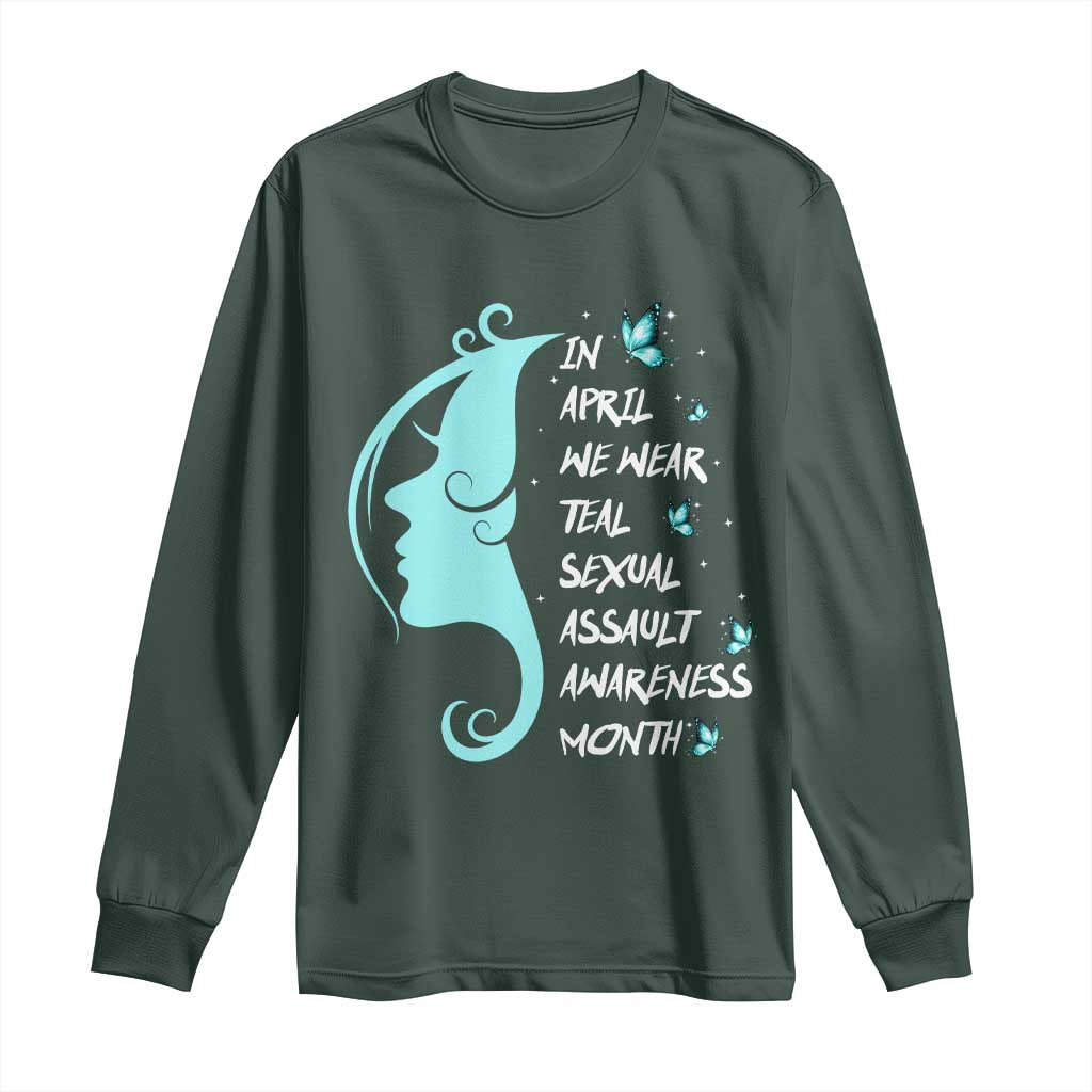 Sexual Assault Awareness Month Long Sleeve Shirt In April We Wear Teal Ribbon TS14 Dark Forest Green Print Your Wear
