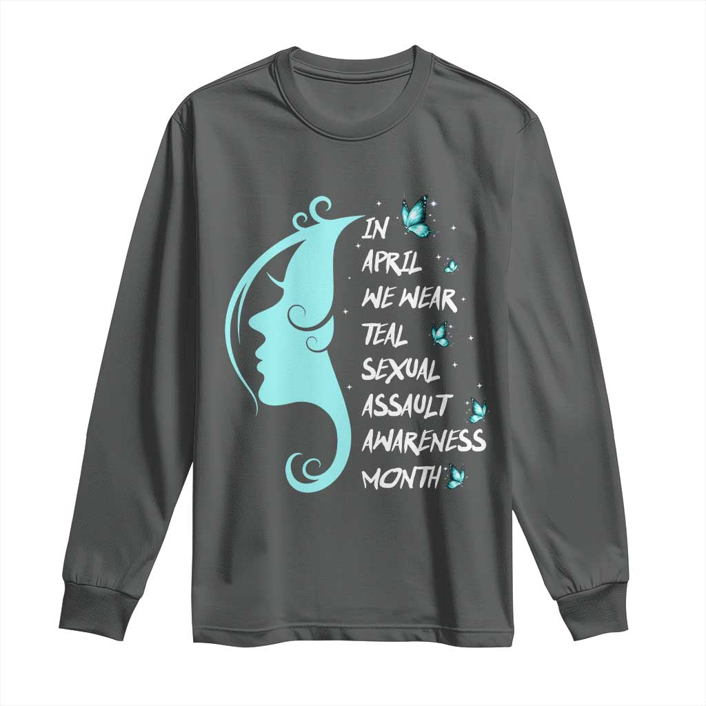 Sexual Assault Awareness Month Long Sleeve Shirt In April We Wear Teal Ribbon TS14 Dark Heather Print Your Wear