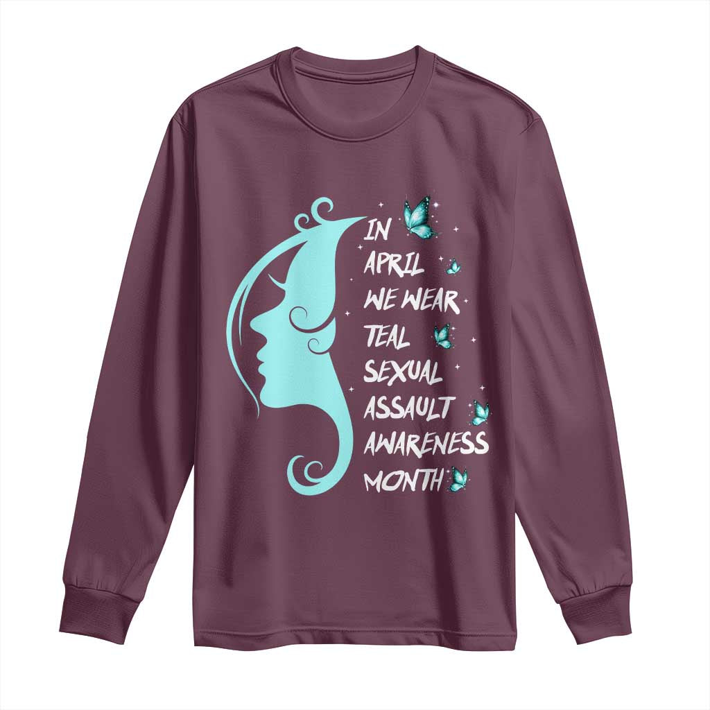 Sexual Assault Awareness Month Long Sleeve Shirt In April We Wear Teal Ribbon TS14 Maroon Print Your Wear