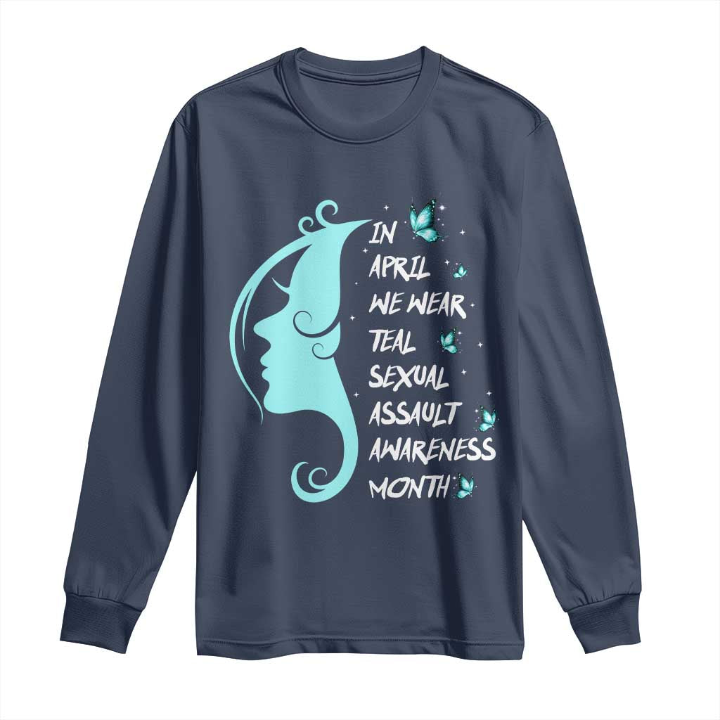 Sexual Assault Awareness Month Long Sleeve Shirt In April We Wear Teal Ribbon TS14 Navy Print Your Wear