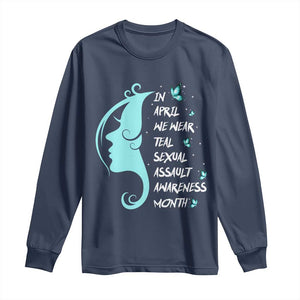 Sexual Assault Awareness Month Long Sleeve Shirt In April We Wear Teal Ribbon TS14 Navy Print Your Wear