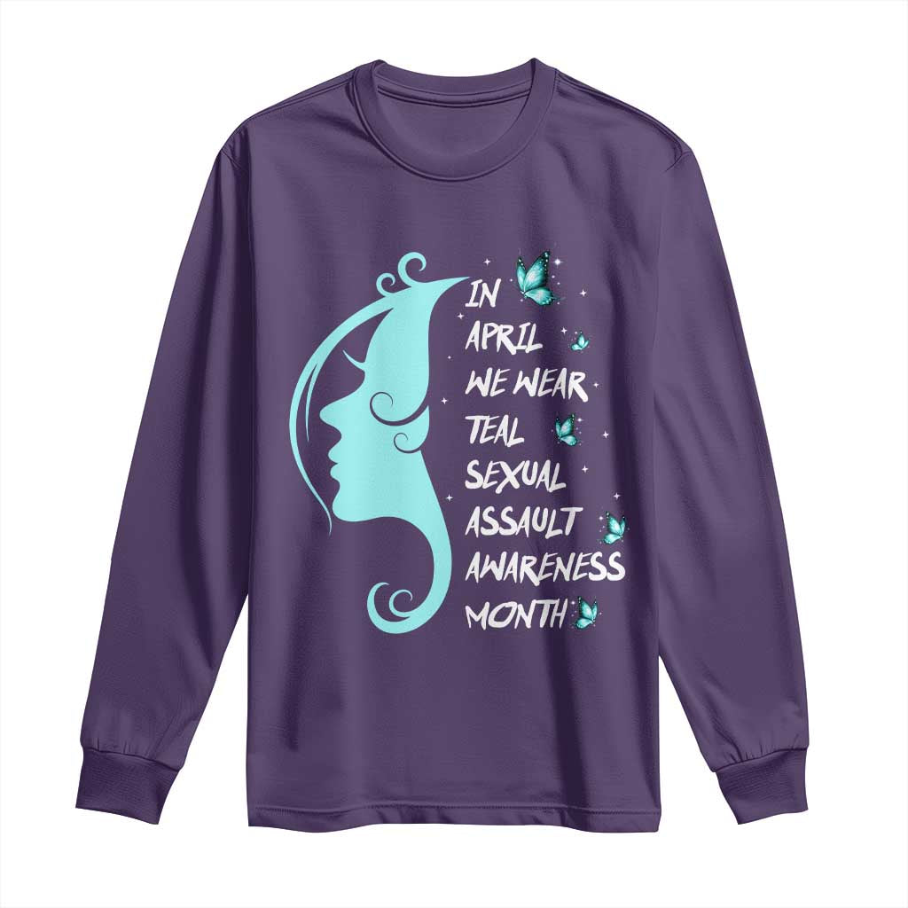 Sexual Assault Awareness Month Long Sleeve Shirt In April We Wear Teal Ribbon TS14 Purple Print Your Wear