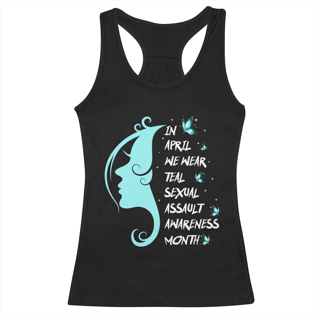 Sexual Assault Awareness Month Racerback Tank Top In April We Wear Teal Ribbon TS14 Black Print Your Wear