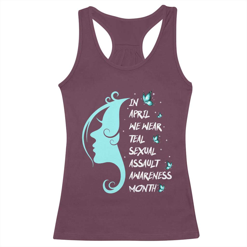 Sexual Assault Awareness Month Racerback Tank Top In April We Wear Teal Ribbon TS14 Maroon Print Your Wear