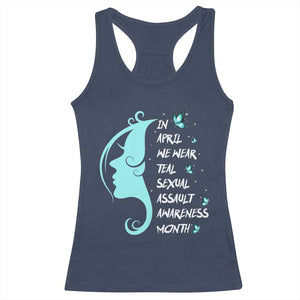 Sexual Assault Awareness Month Racerback Tank Top In April We Wear Teal Ribbon TS14 Navy Print Your Wear
