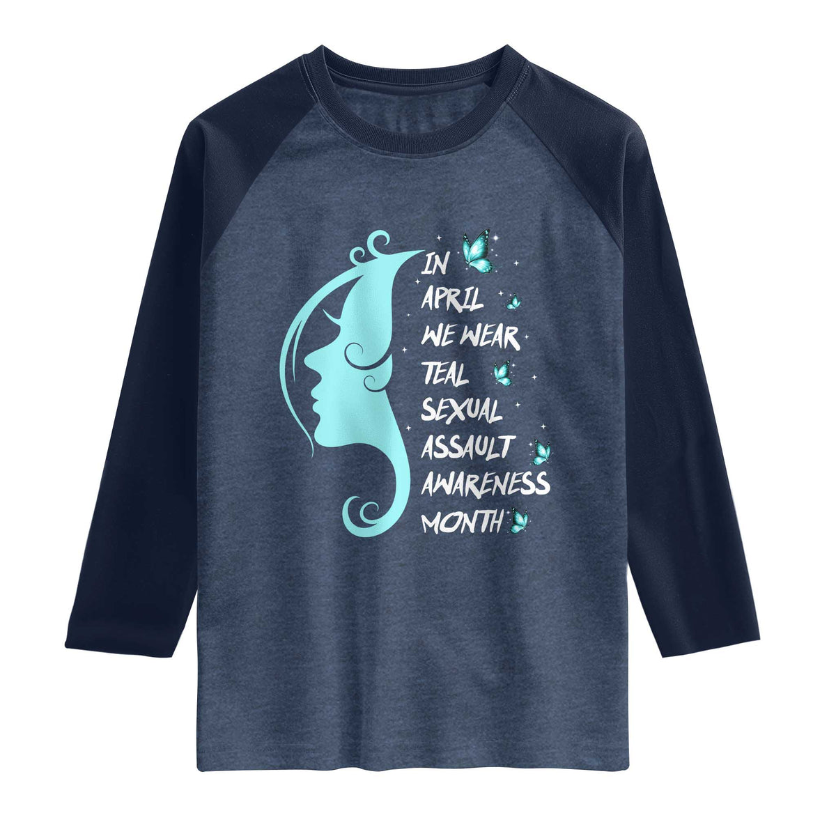 Sexual Assault Awareness Month Raglan Shirt In April We Wear Teal Ribbon TS14 Heather Denim Navy Print Your Wear