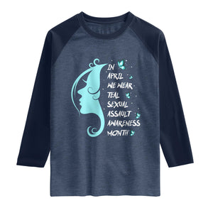 Sexual Assault Awareness Month Raglan Shirt In April We Wear Teal Ribbon TS14 Heather Denim Navy Print Your Wear