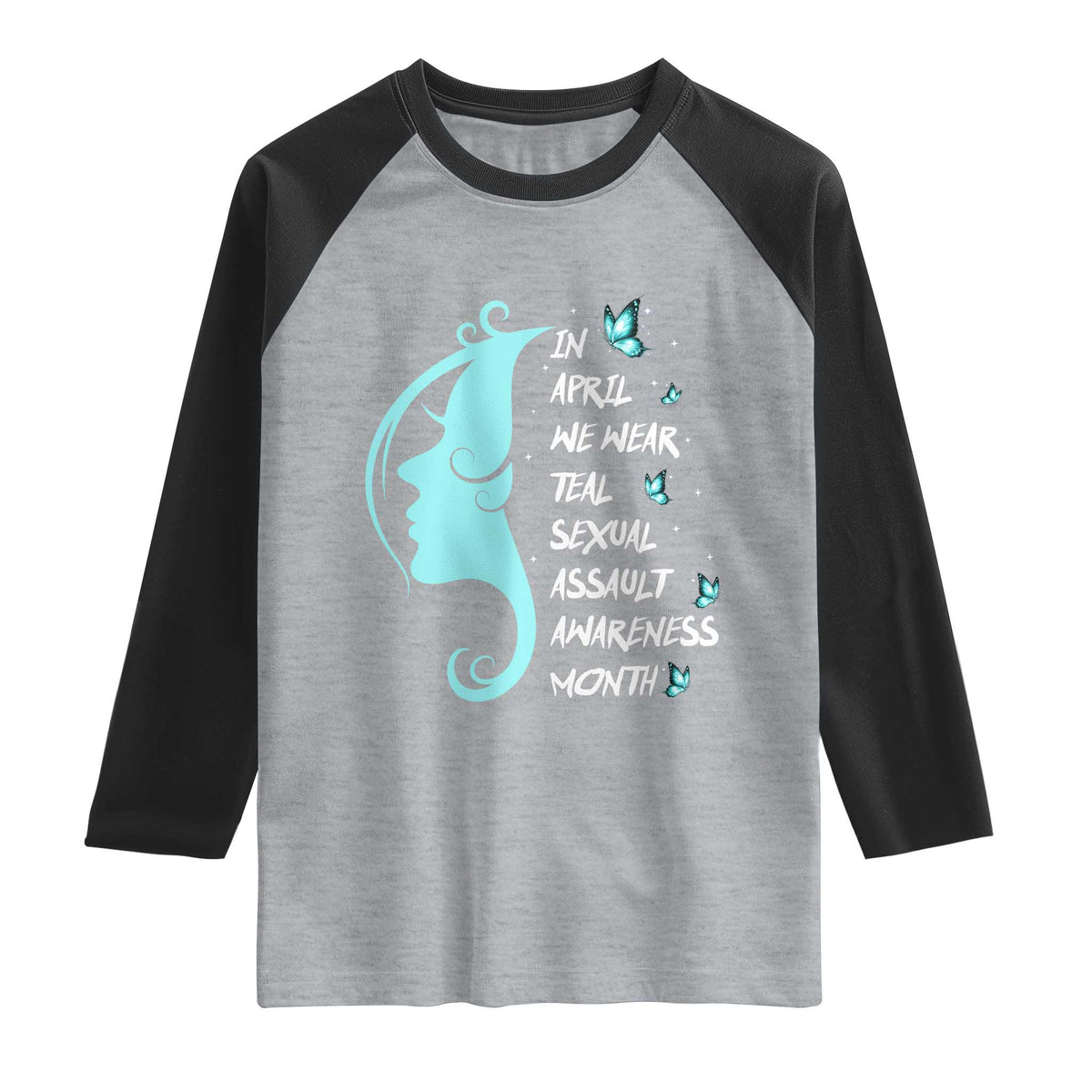 Sexual Assault Awareness Month Raglan Shirt In April We Wear Teal Ribbon TS14 Heather Gray Black Print Your Wear