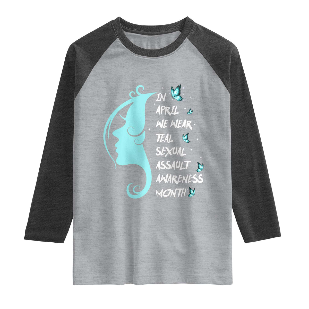 Sexual Assault Awareness Month Raglan Shirt In April We Wear Teal Ribbon TS14 Heather Gray Heather Charcoal Print Your Wear