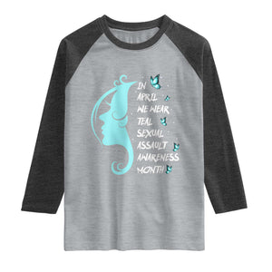 Sexual Assault Awareness Month Raglan Shirt In April We Wear Teal Ribbon TS14 Heather Gray Heather Charcoal Print Your Wear
