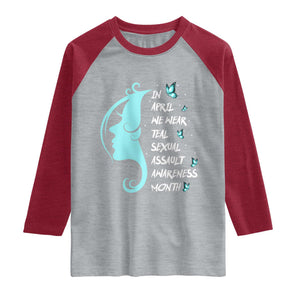 Sexual Assault Awareness Month Raglan Shirt In April We Wear Teal Ribbon TS14 Heather Gray Heather Red Print Your Wear