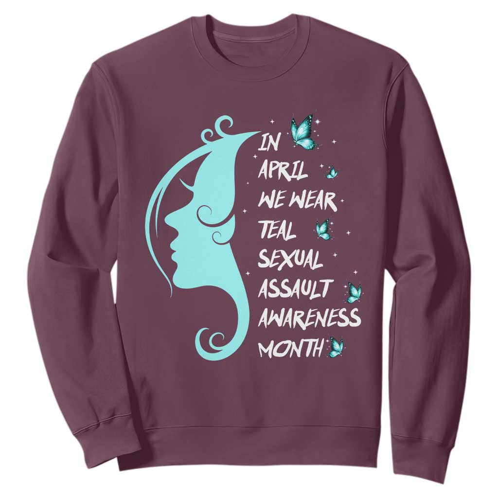 Sexual Assault Awareness Month Sweatshirt In April We Wear Teal Ribbon TS14 Maroon Print Your Wear