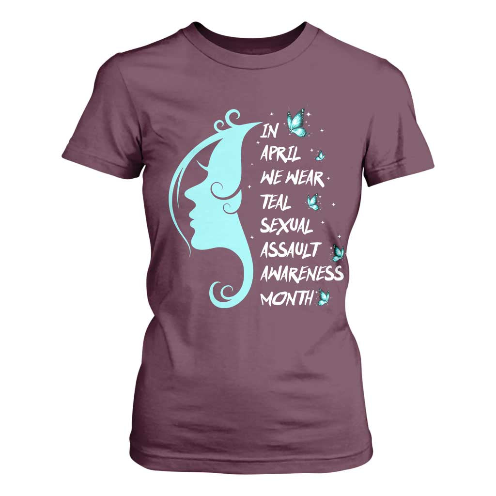Sexual Assault Awareness Month T Shirt For Women In April We Wear Teal Ribbon TS14 Maroon Print Your Wear
