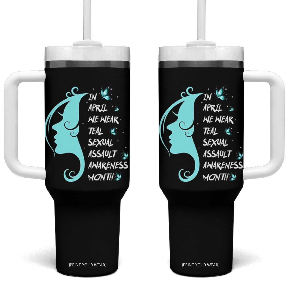 Sexual Assault Awareness Month Tumbler With Handle In April We Wear Teal Ribbon TS14 One Size: 40 oz Black Print Your Wear