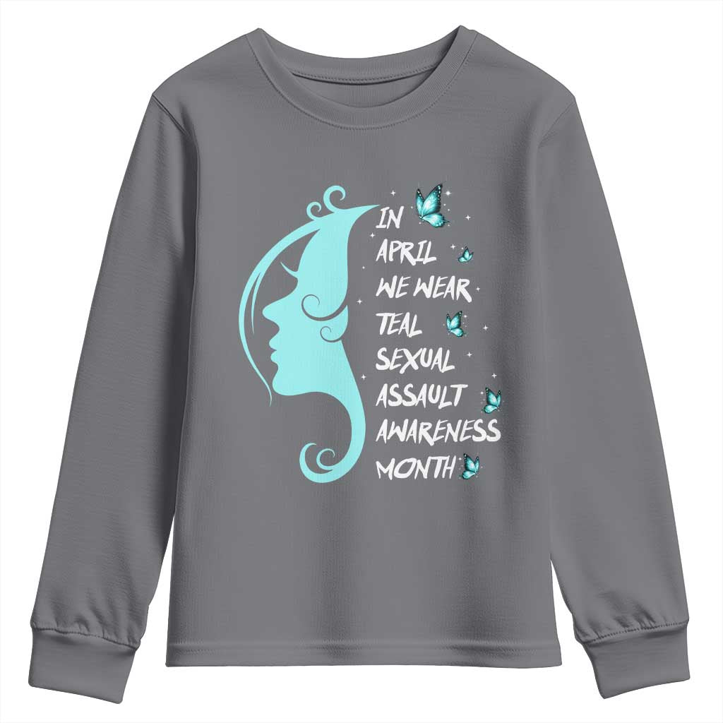 Sexual Assault Awareness Month Youth Sweatshirt In April We Wear Teal Ribbon TS14 Charcoal Print Your Wear