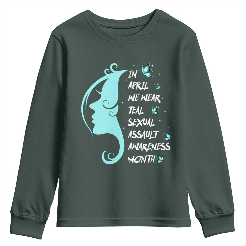 Sexual Assault Awareness Month Youth Sweatshirt In April We Wear Teal Ribbon TS14 Dark Forest Green Print Your Wear