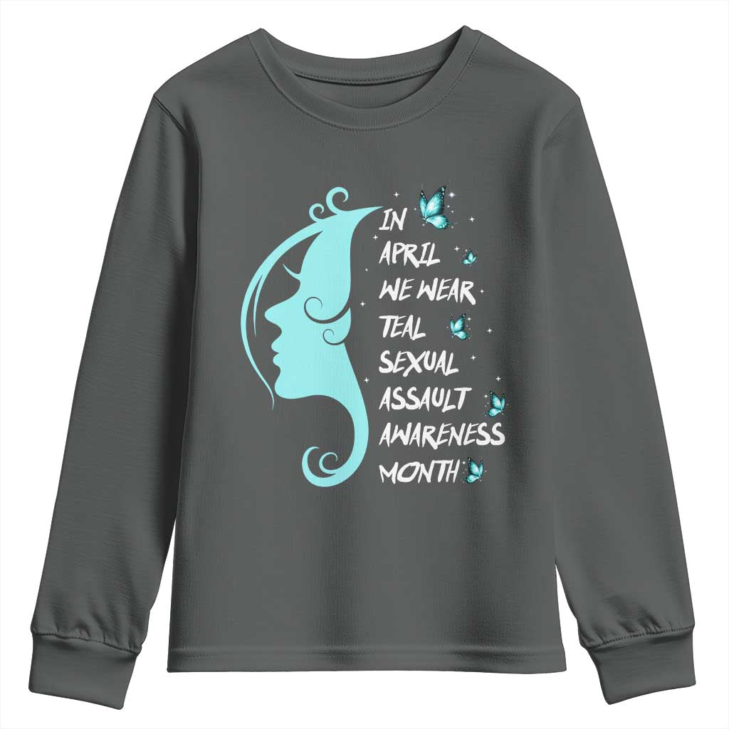Sexual Assault Awareness Month Youth Sweatshirt In April We Wear Teal Ribbon TS14 Dark Heather Print Your Wear