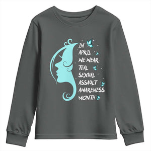 Sexual Assault Awareness Month Youth Sweatshirt In April We Wear Teal Ribbon TS14 Dark Heather Print Your Wear