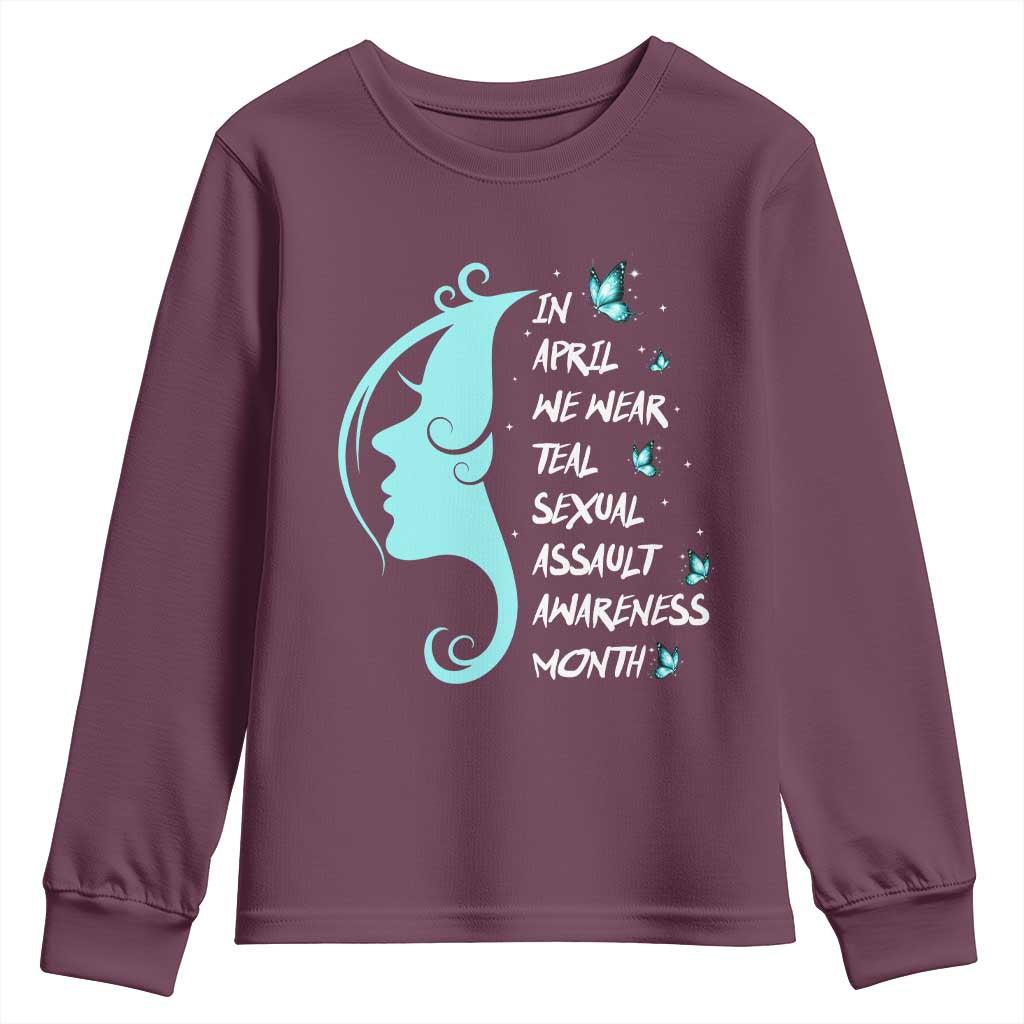 Sexual Assault Awareness Month Youth Sweatshirt In April We Wear Teal Ribbon TS14 Maroon Print Your Wear