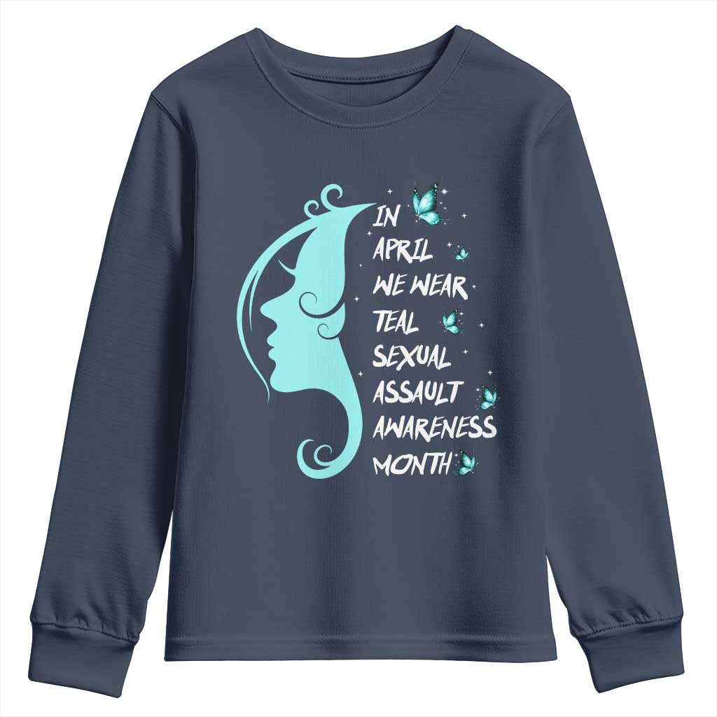 Sexual Assault Awareness Month Youth Sweatshirt In April We Wear Teal Ribbon TS14 Navy Print Your Wear
