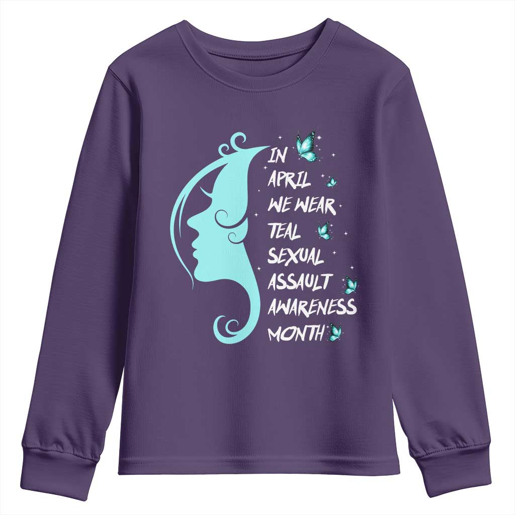 Sexual Assault Awareness Month Youth Sweatshirt In April We Wear Teal Ribbon TS14 Purple Print Your Wear