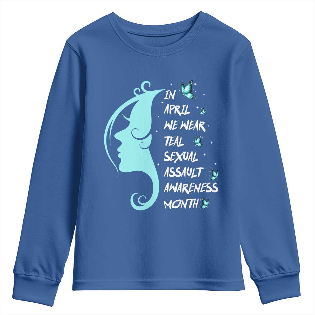 Sexual Assault Awareness Month Youth Sweatshirt In April We Wear Teal Ribbon TS14 Royal Blue Print Your Wear