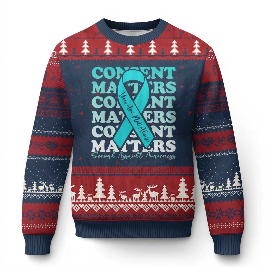 Sexual Assault Awareness Month Ugly Christmas Sweater Teal Ribbon Consent Matters You Are Not Alone TS14 Navy Red Print Your Wear